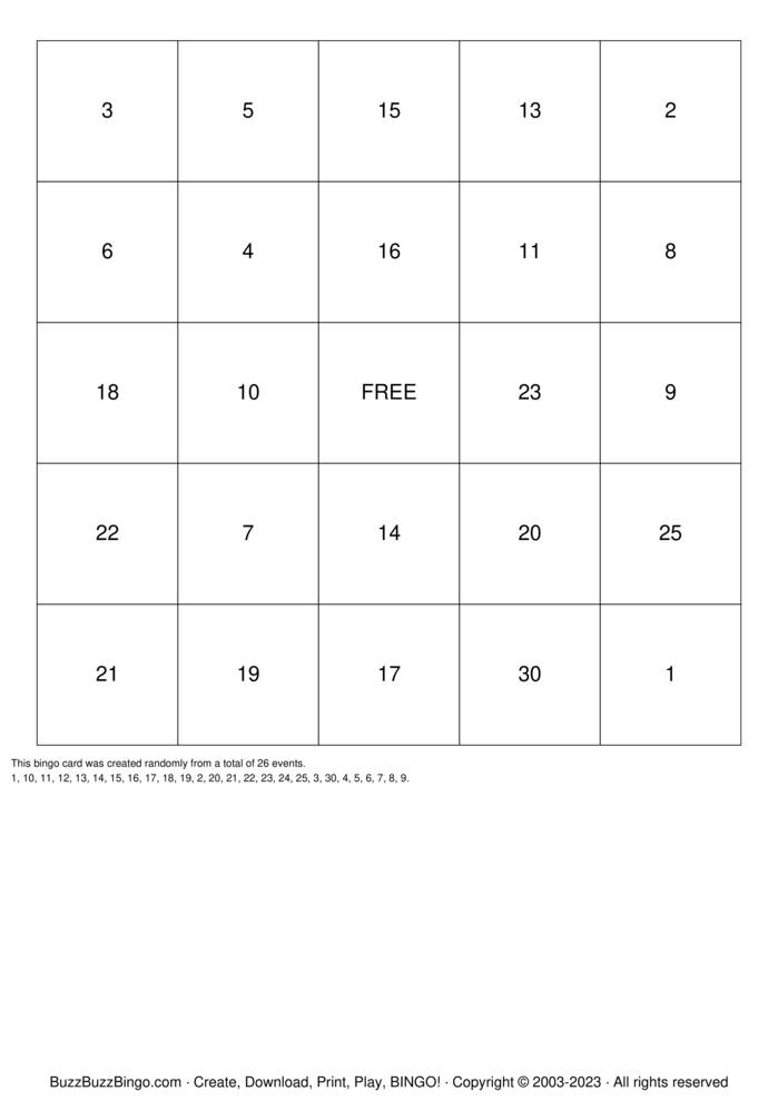 Download Free Numbers 1-30 Bingo Cards