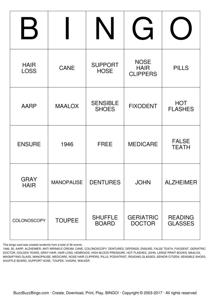 OVER THE HILL Bingo Cards to Download, Print and Customize!