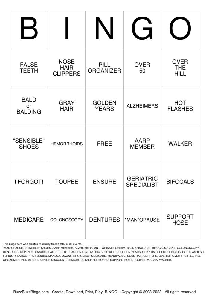 OVER THE HILL Bingo Cards to Download, Print and Customize!