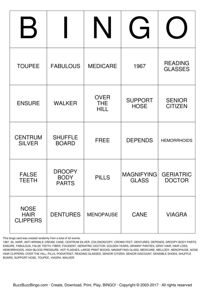 Download Free OVER THE HILL Bingo Cards