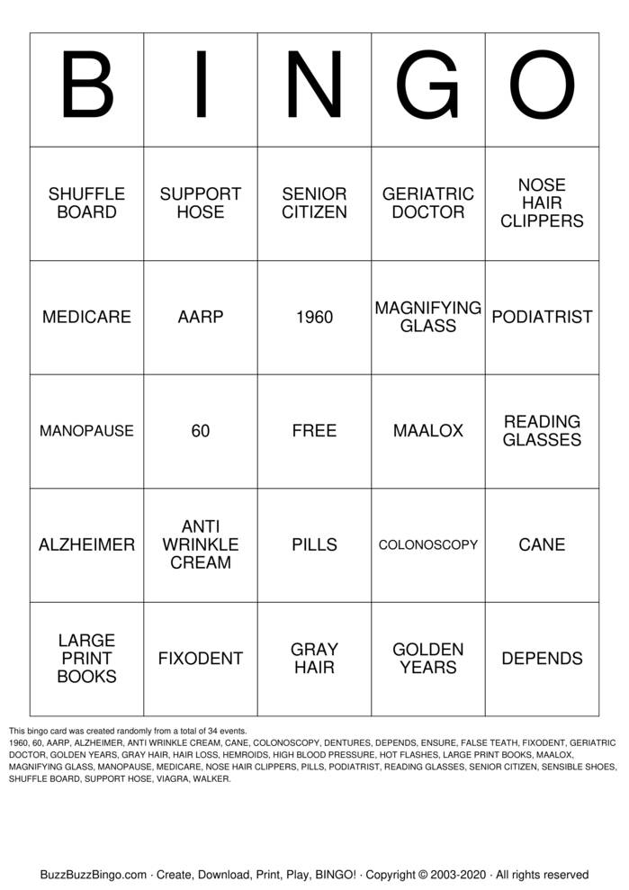 OVER THE HILL Bingo Cards to Download, Print and Customize!