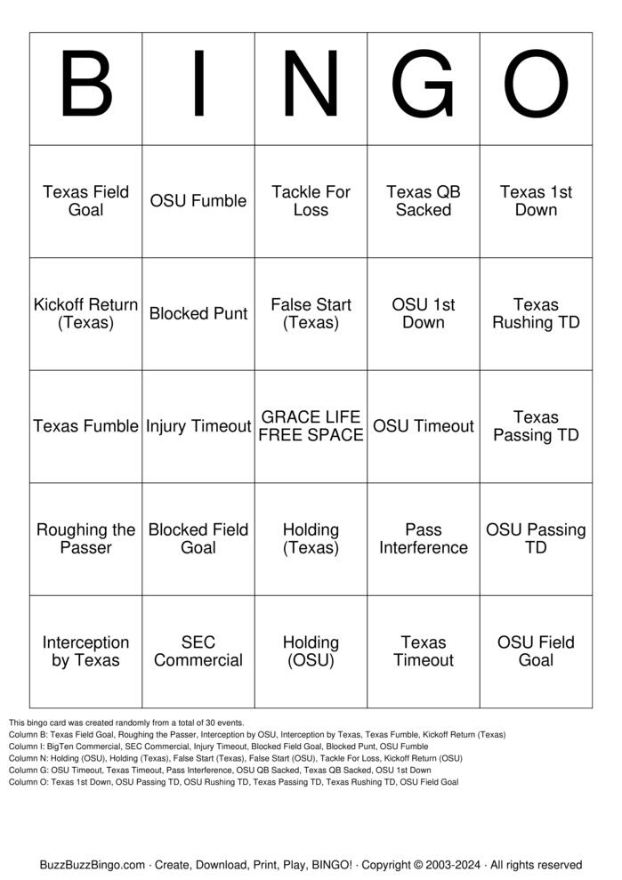 Ohio State vs Texas Bingo Cards to Download, Print and Customize!