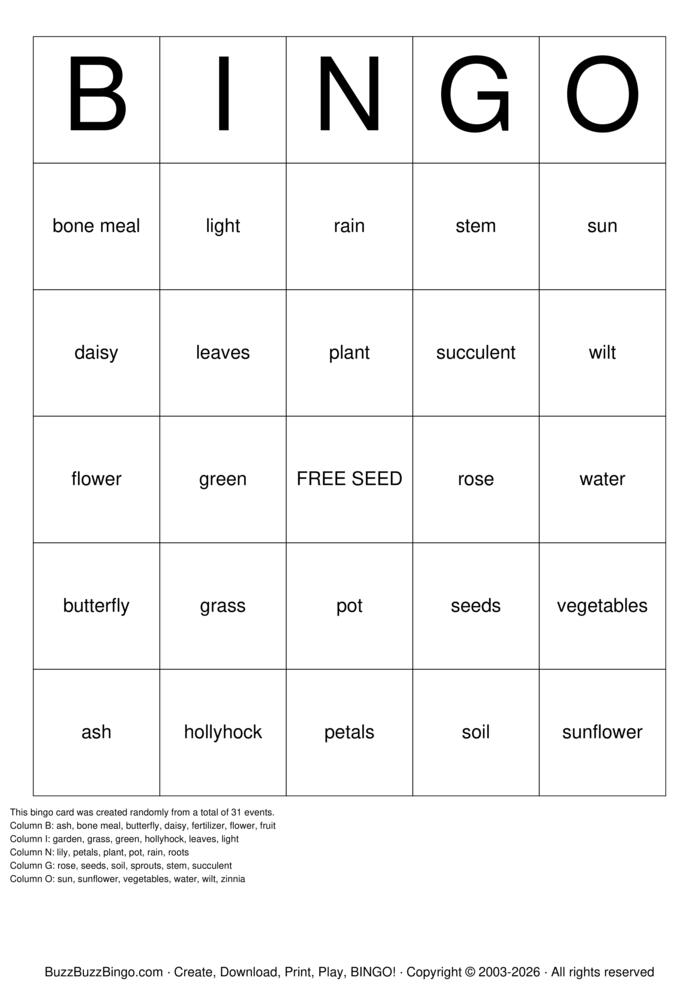 Download Free Plant Bingo Cards Download Free Plant Bingo Cards