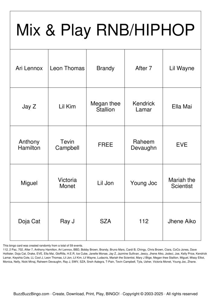 Download Free R&B and Hiphop Bingo Cards