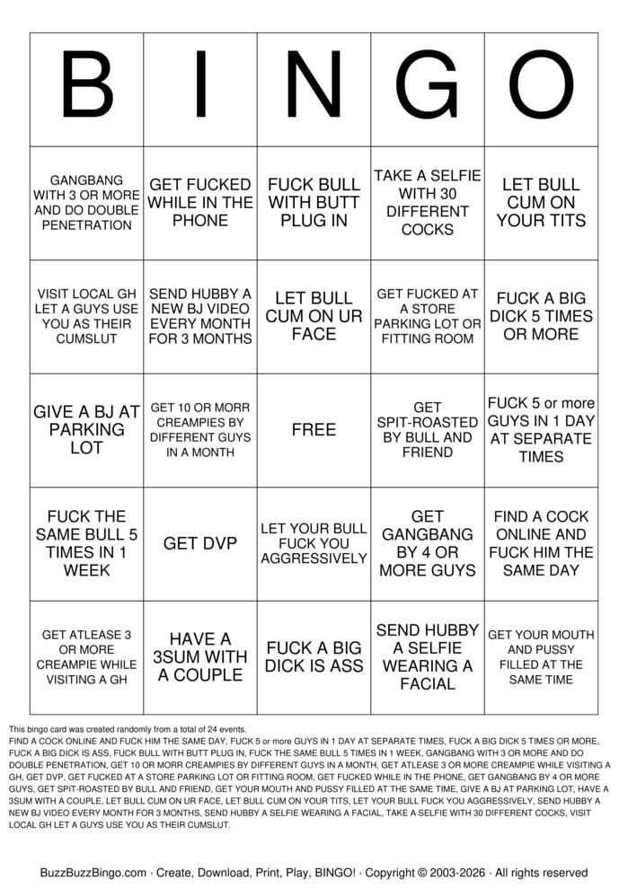 Download Free SLUT HOTWIFE  Bingo Cards