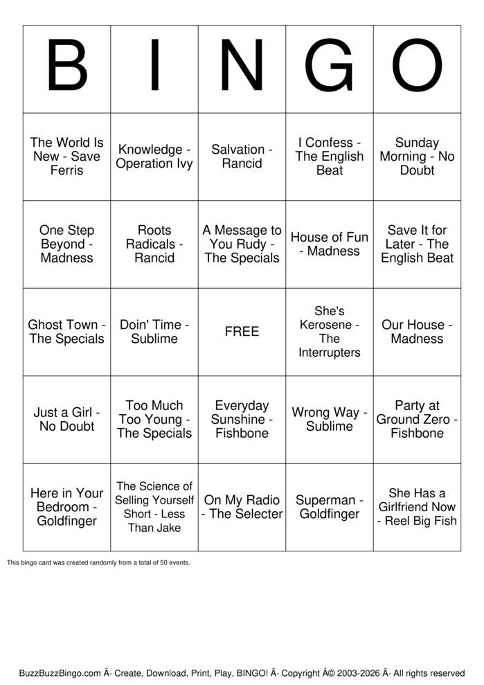 Download Free Ska Punk Top 50 Bingo Cards