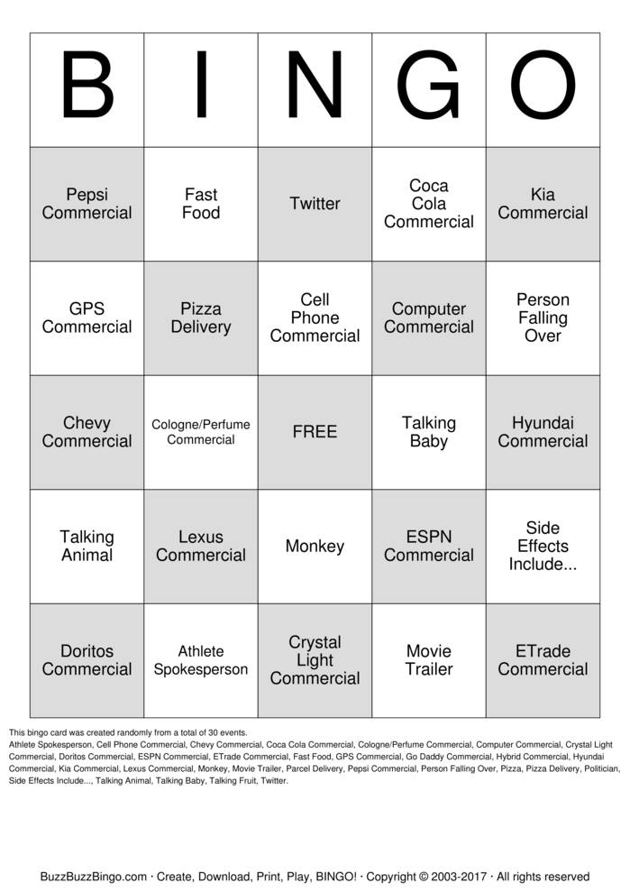 Superbowl Commercials Bingo Cards to Download, Print and Customize!