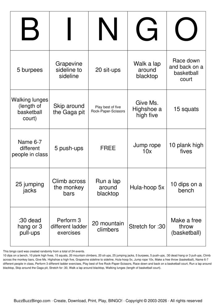 Download Free workout Bingo Cards Download Free workout Bingo Cards