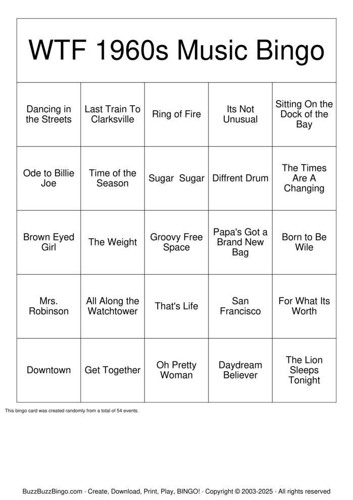 Download Free 1960s Bingo Cards