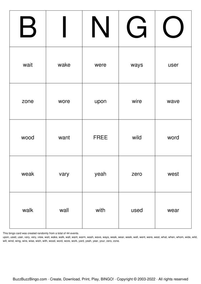 Download Free 4 Letter Words W-Z Bingo Cards