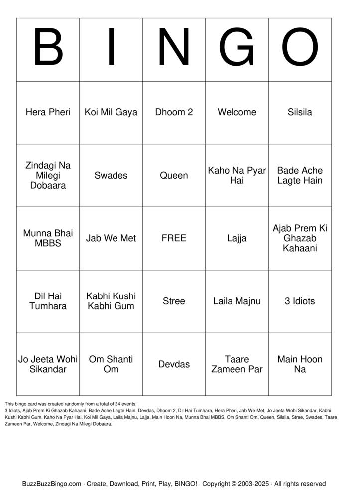 Download Free BollyWood Bingo Bingo Cards