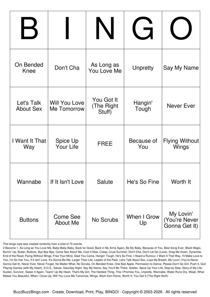 Download Free Boy Bands vs Girl Groups Titles Bingo Cards