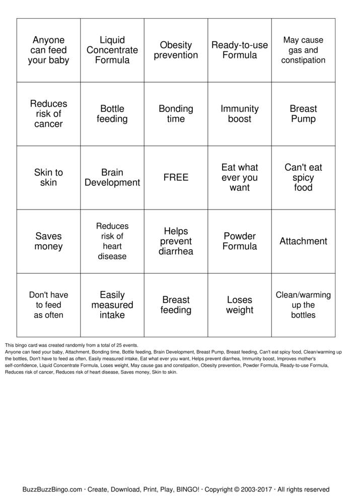 Download Free Breastfeeding vs Bottle Feedin Bingo Cards Download Free Breastfeeding vs Bottle Feedin Bingo Cards