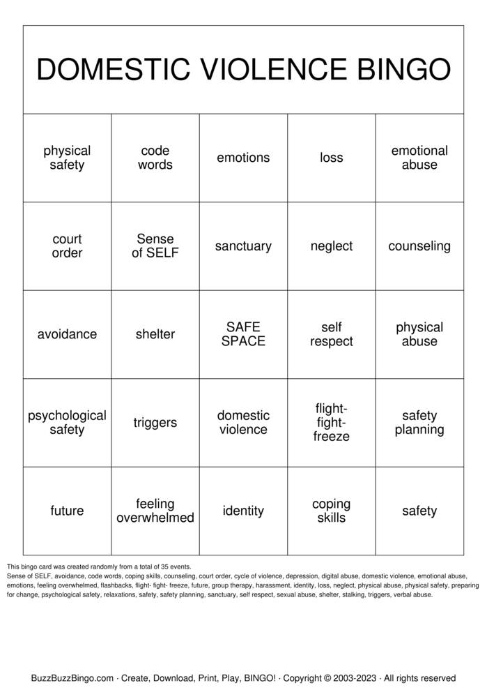 Download Free DOMESTIC VIOLENCE Bingo Cards