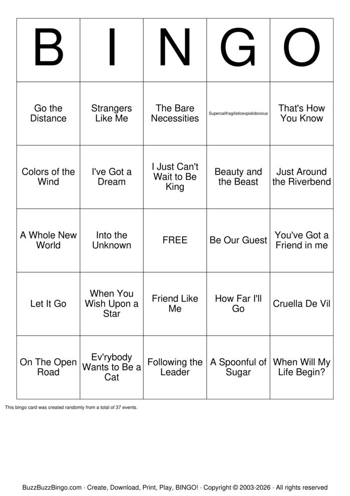 Download Free Disney Music Bingo Cards Download Free Disney Music Bingo Cards