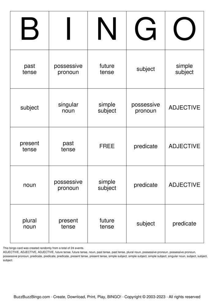 Download Free GRAMMAR Bingo Cards Download Free GRAMMAR Bingo Cards