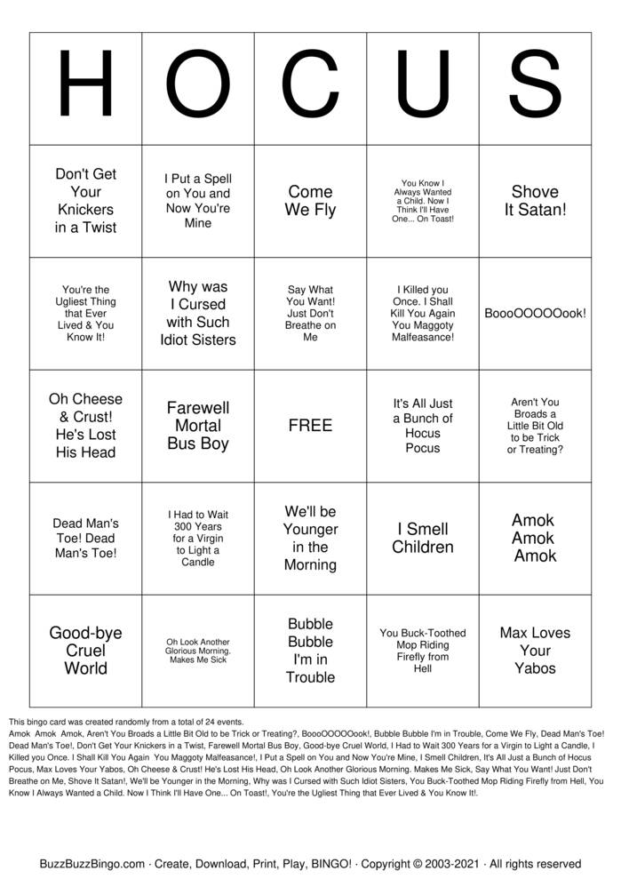 Download Free Hocus Pocus Bingo Cards
