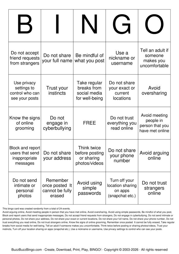 Download Free Internet Safety Bingo Cards Download Free Internet Safety Bingo Cards