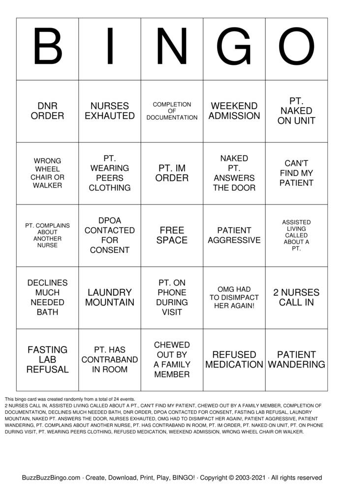 Download Free Nurse Bingo Cards