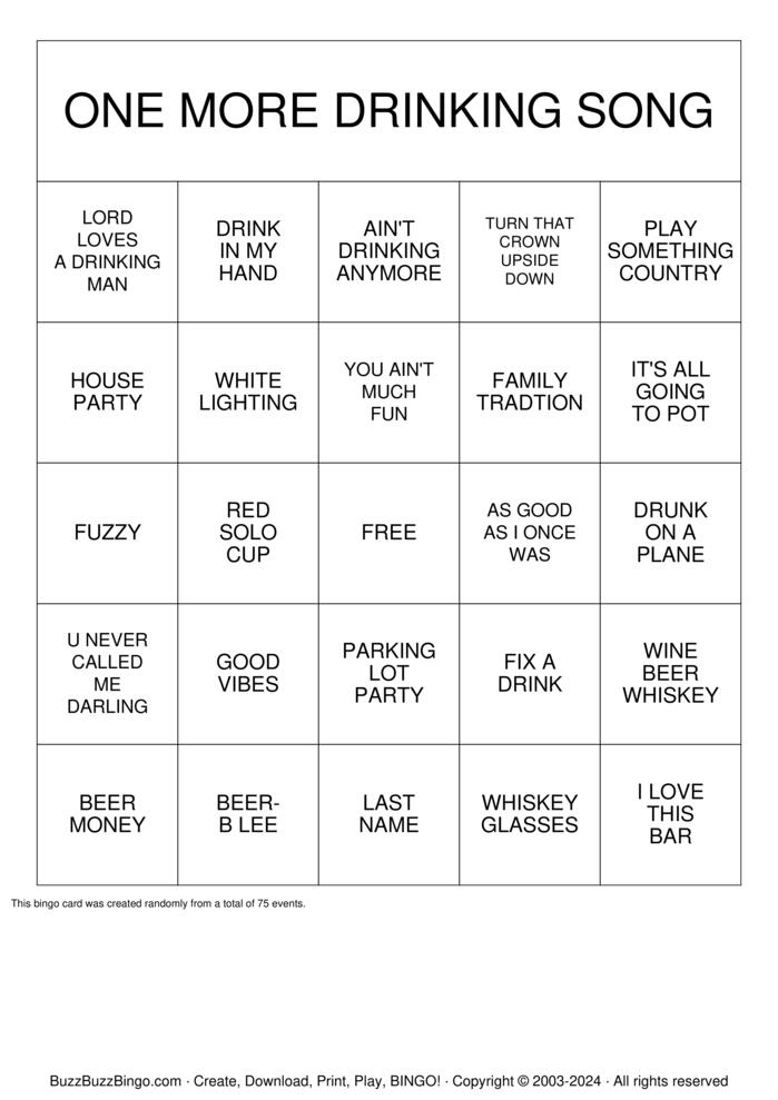Download Free ONE MORE DRINKING SONG Bingo Cards