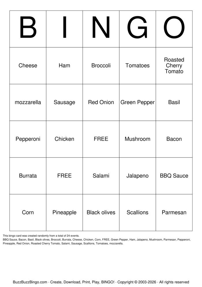 Download Free PIZZA Bingo Cards Download Free PIZZA Bingo Cards