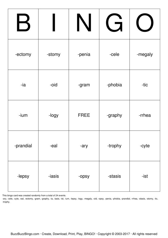 SUFFIXES Bingo Cards to Download, Print and Customize!