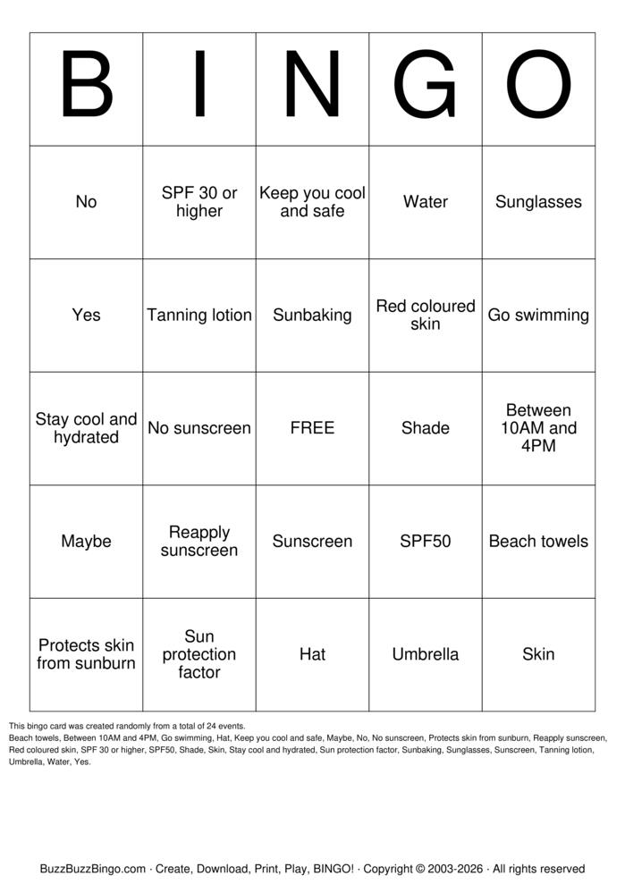 Download Free Sun Safety bingo Bingo Cards