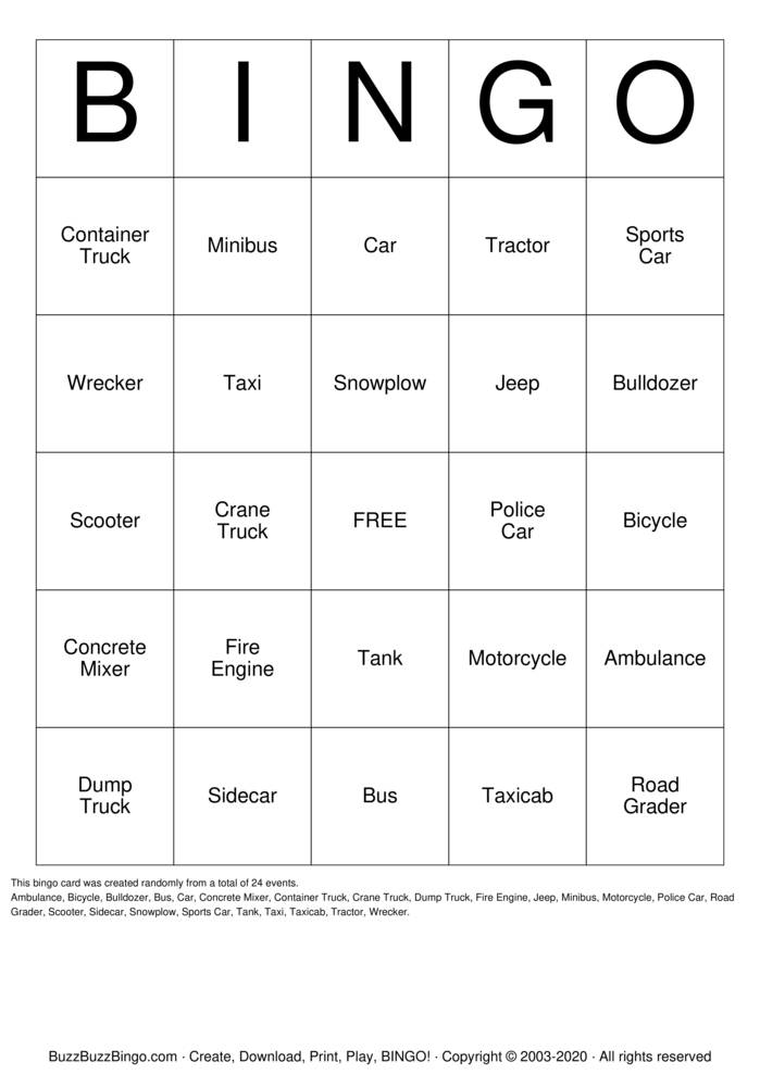 Download Free Vehicles Bingo Cards