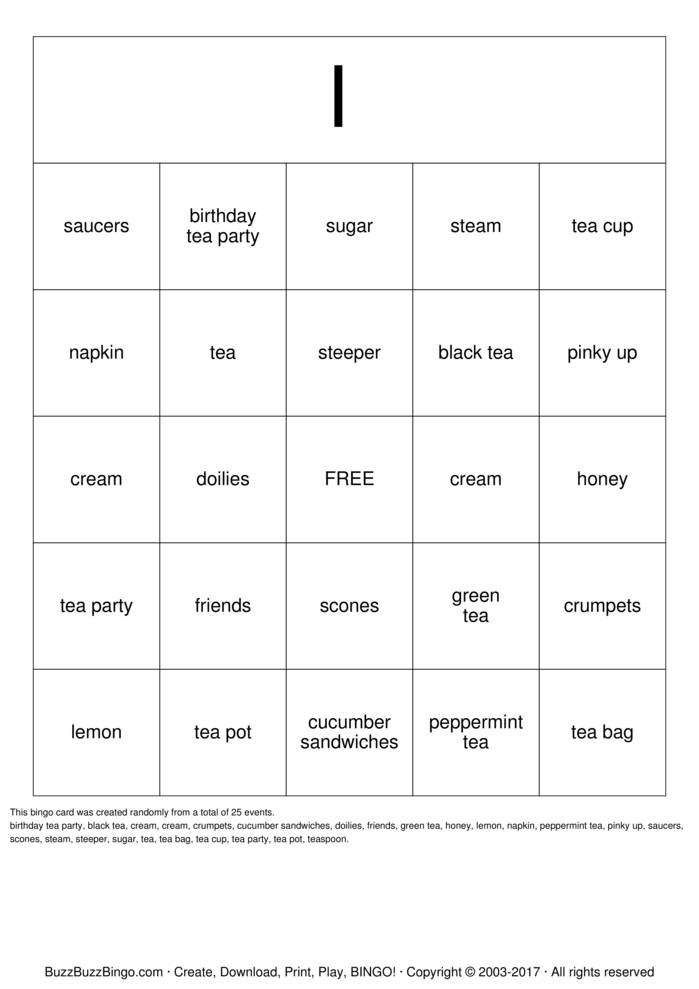 tea party bingo Bingo Cards to Download, Print and Customize!