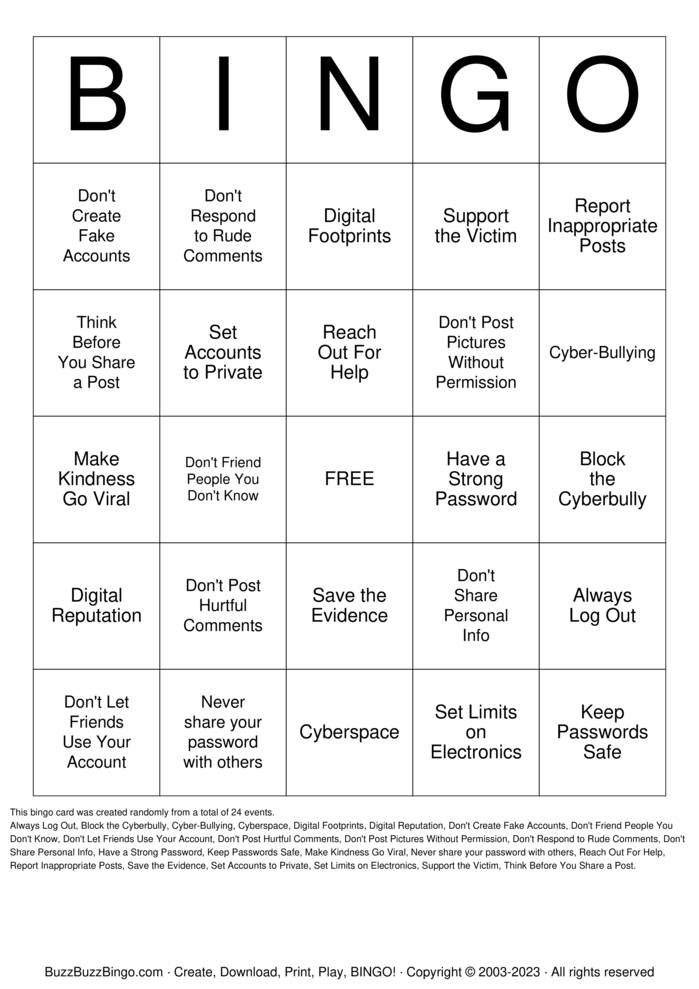 Download Free Anti-Cyberbullying Bingo Cards