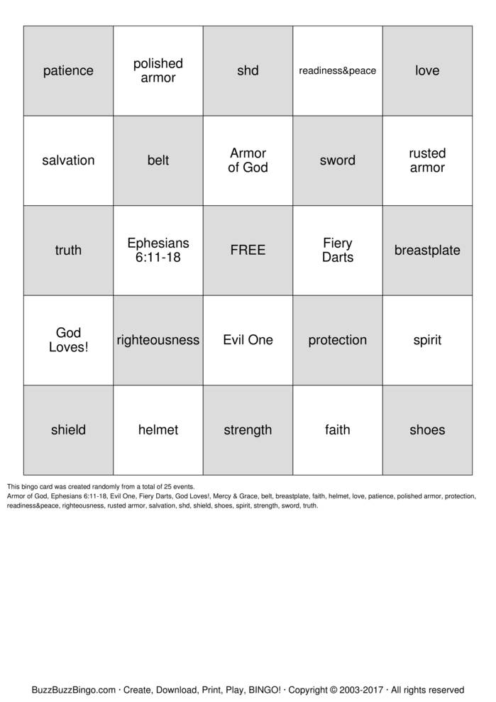 Armor of God Bingo Cards to Download, Print and Customize!