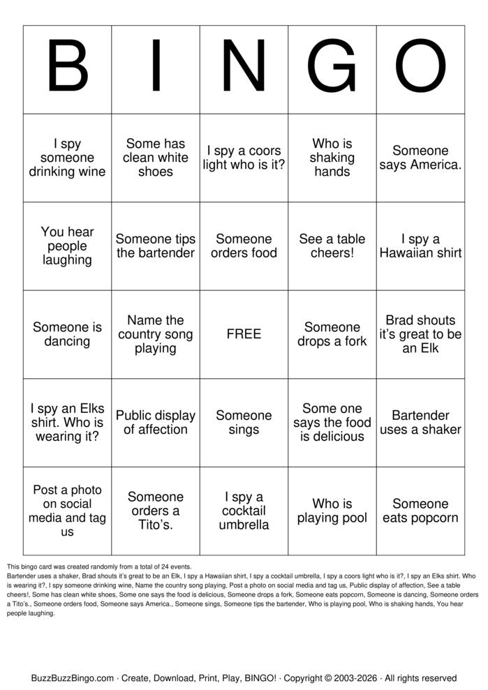Download Free BAR BINGO Bingo Cards