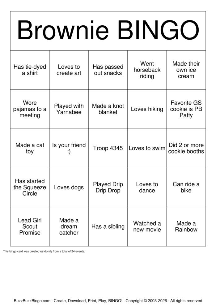 Download Free Brownie Bingo Cards