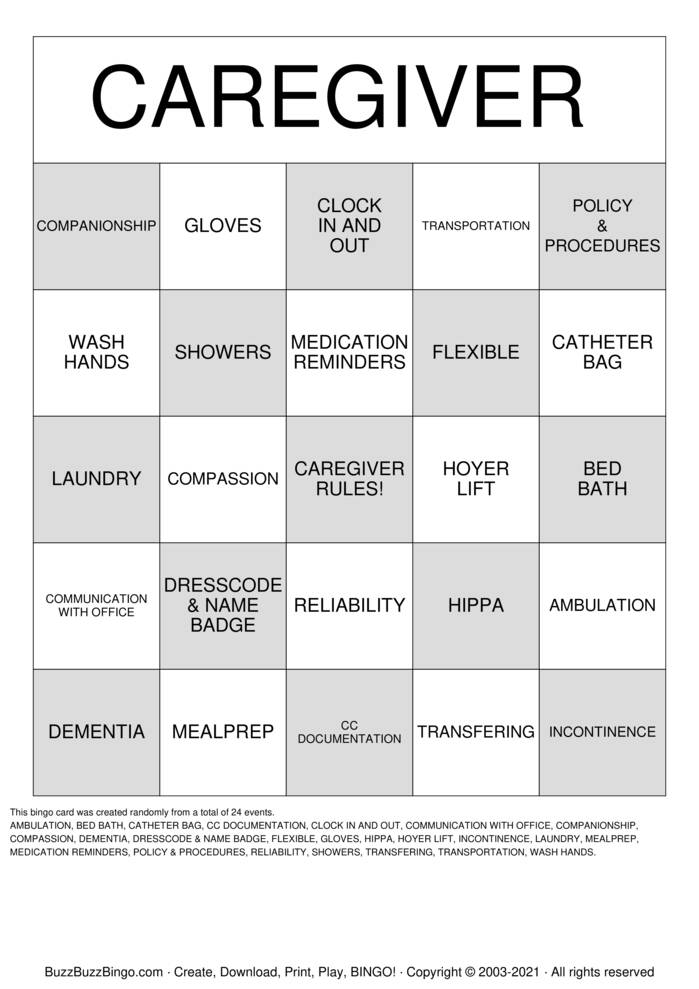 CAREGIVER Bingo Cards to Download, Print and Customize!