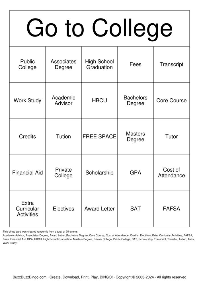 Download Free College Bingo Cards