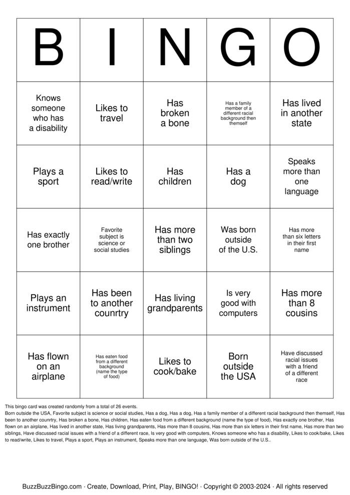 Download Free Cultural Diversity Bingo Cards