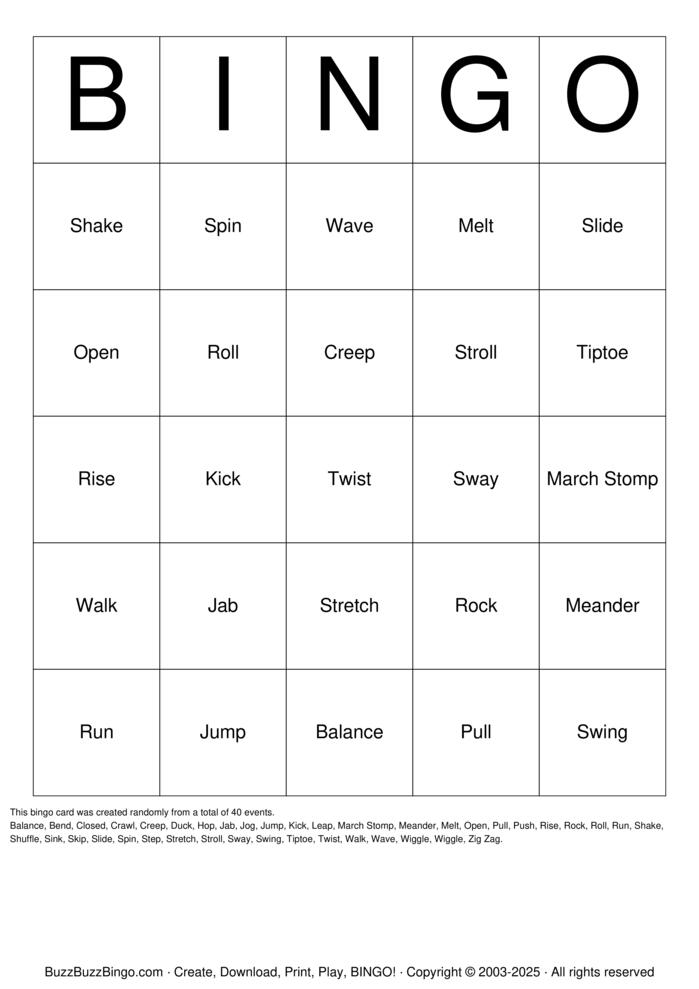 Dance Movement Bingo Bingo Cards to Download, Print and Customize!
