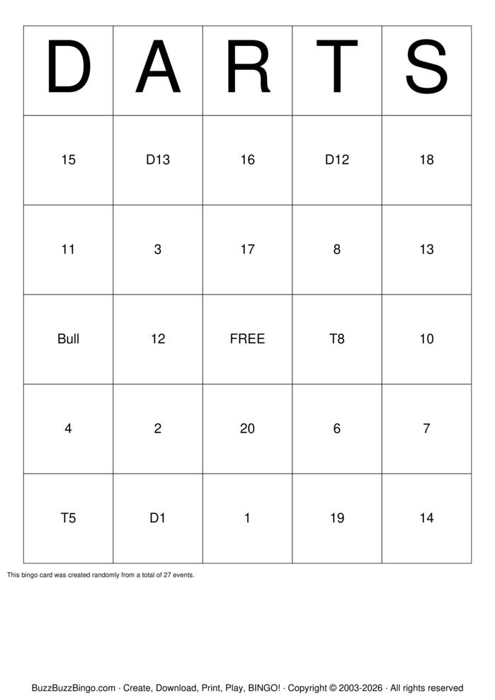Download Free Darts Bingo Cards Download Free Darts Bingo Cards
