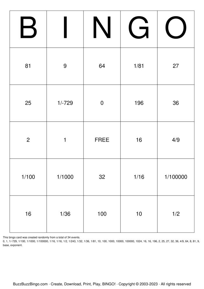 Download Free Exponents Bingo Cards