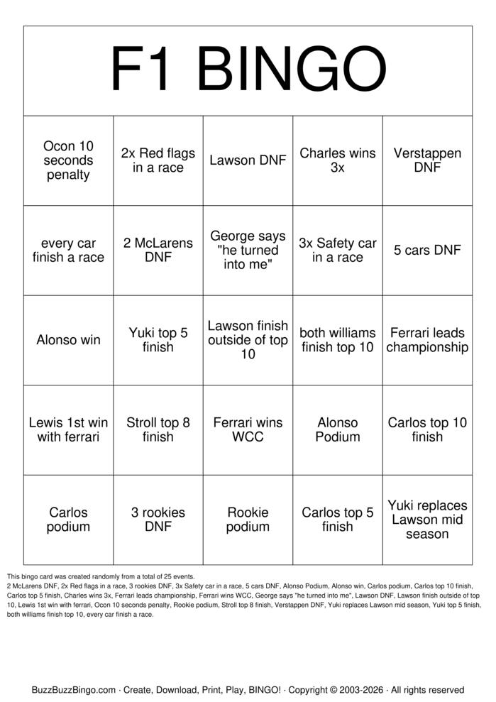 Download Free F1 2025 Bingo Cards