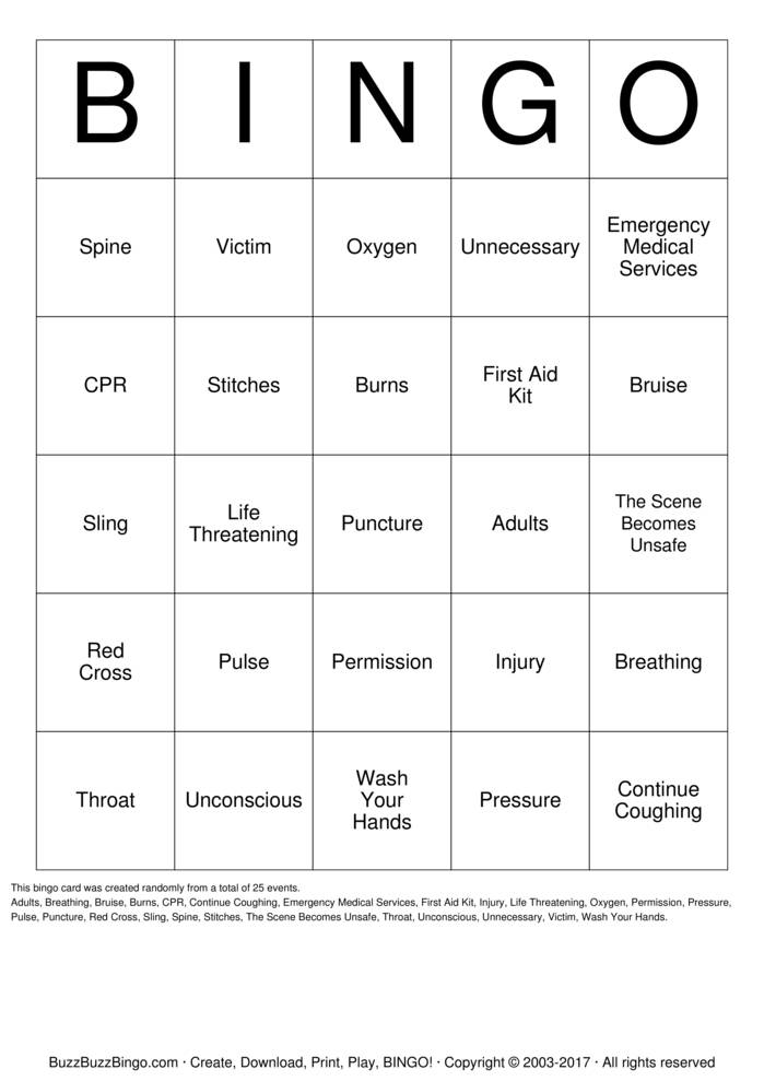 Download Free First Aid Bingo Bingo Cards
