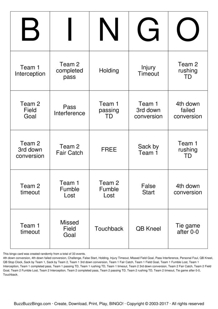 Download Free Football Bingo Cards