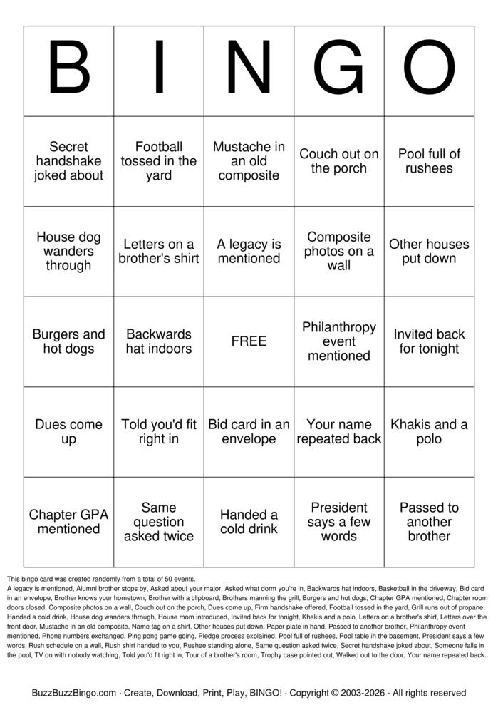 Download Free Fraternity Rush Bingo Cards