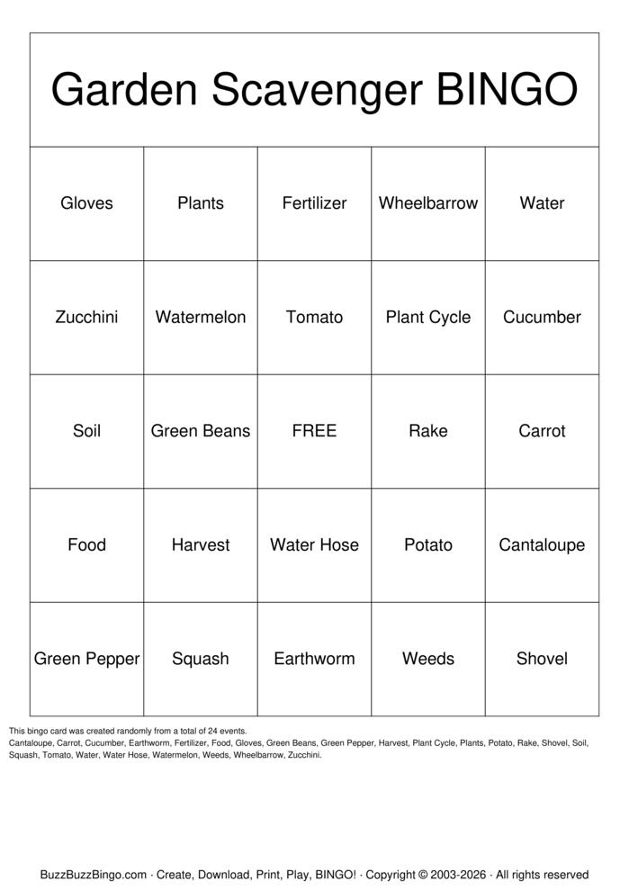 Download Free Garden Bingo Cards