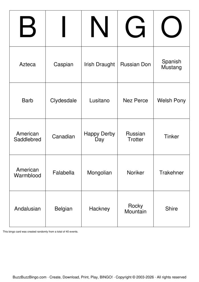 Download Free Horse Bingo Cards