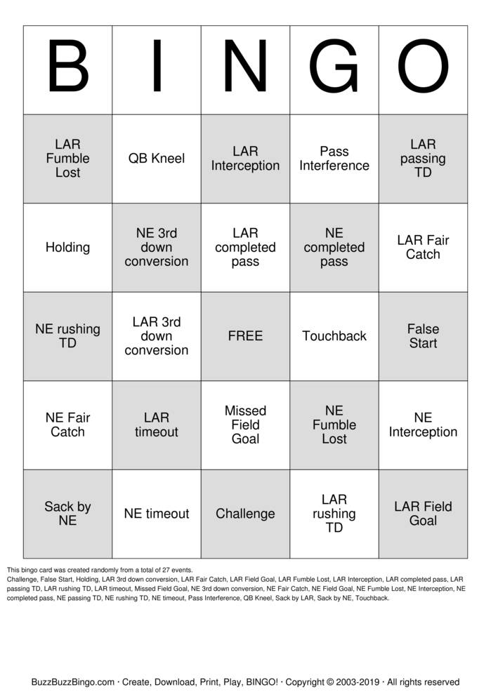 Kvien Superbowl NE vs LAR Bingo Cards to Download, Print and Customize!