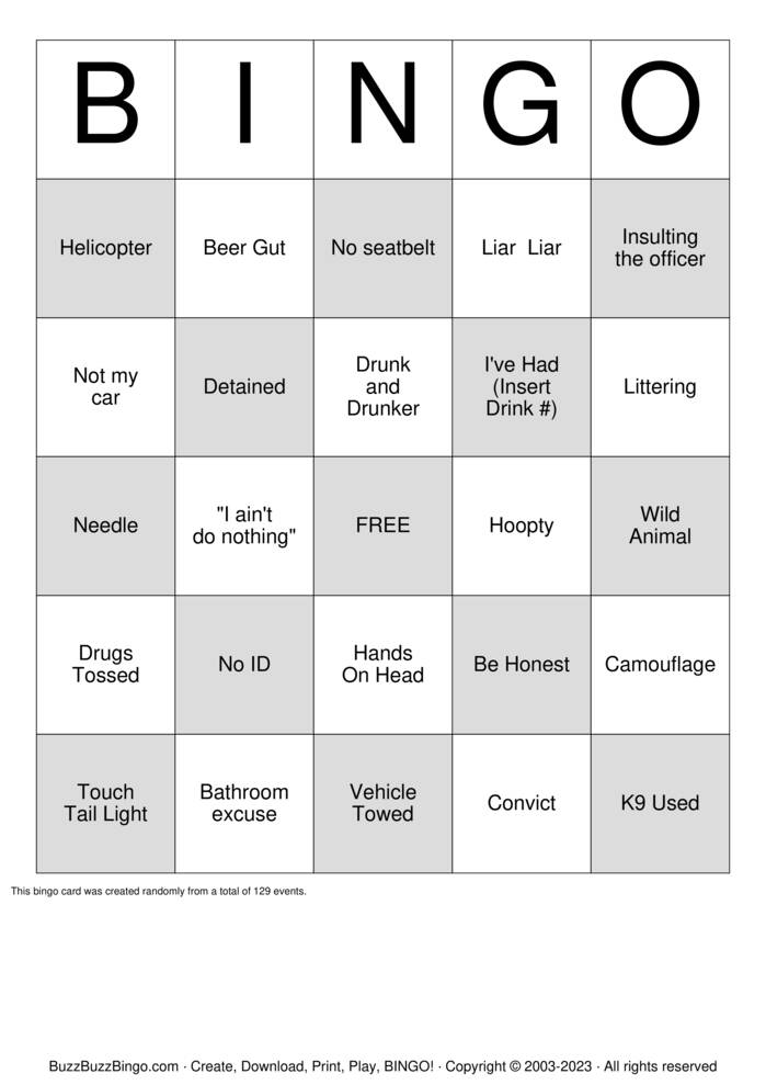 Download Free LIVE PD Bingo Cards
