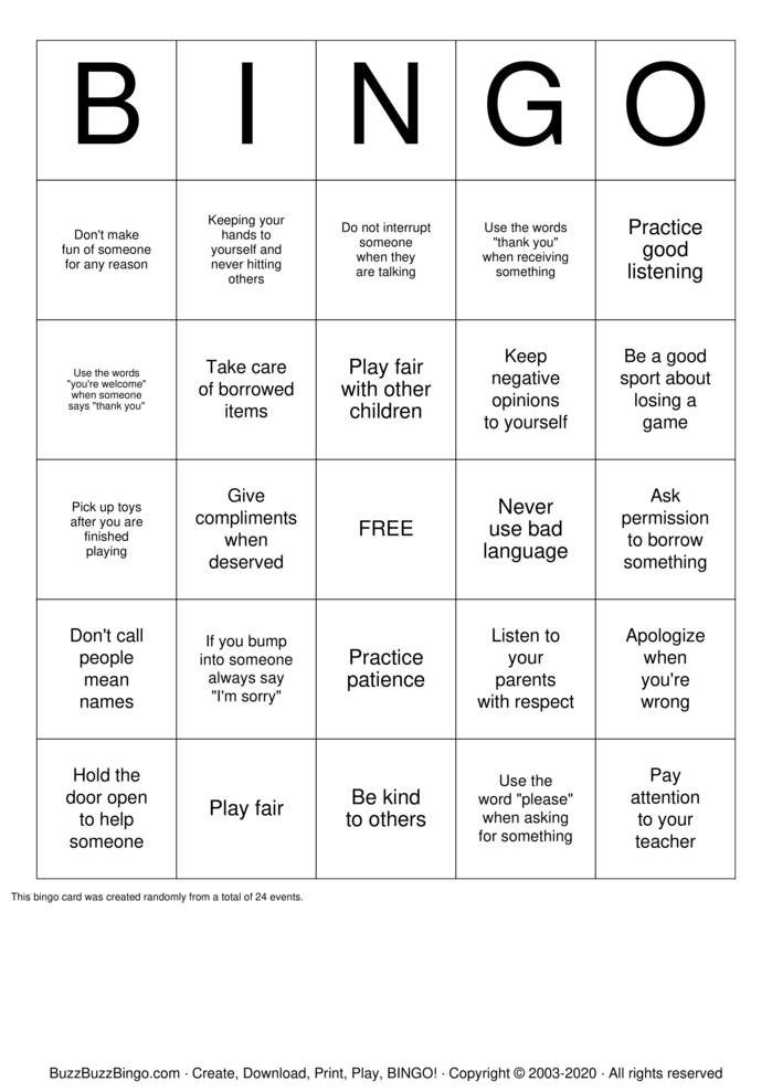 Manners Bingo Cards to Download, Print and Customize!