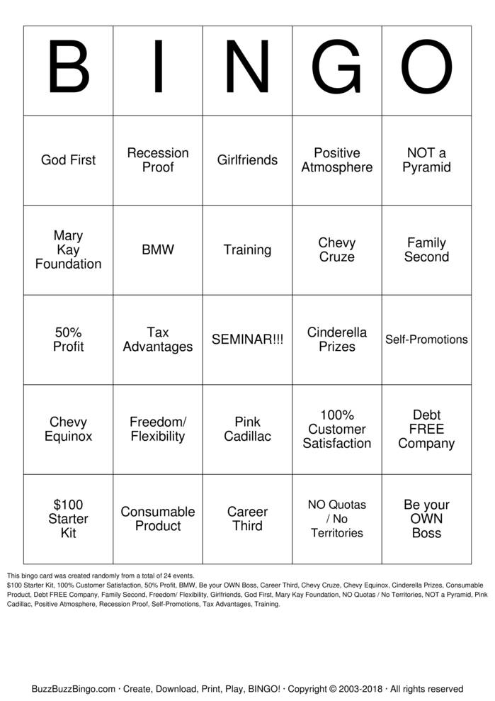 Download Free Mary Kay Bingo Bingo Cards