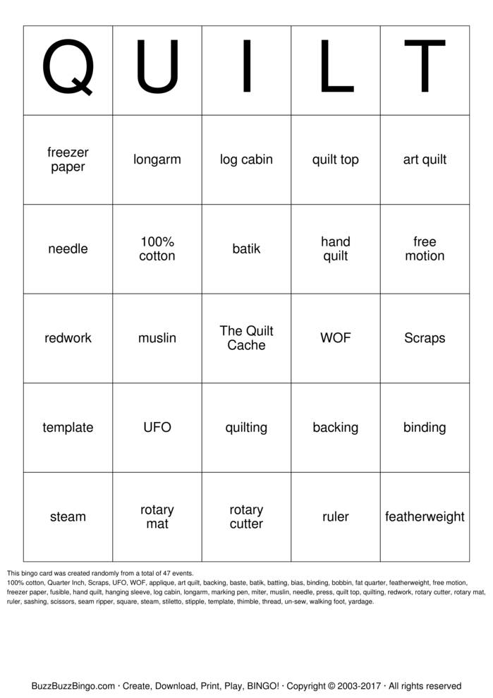 QUILT Bingo Cards to Download, Print and Customize!